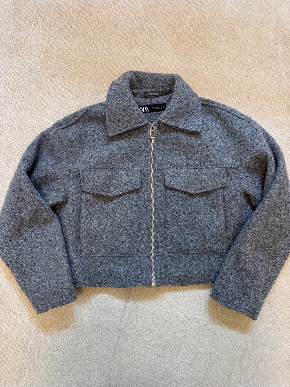 Zara Charcoal Grey Textured Wool-Blend Zip Jacket